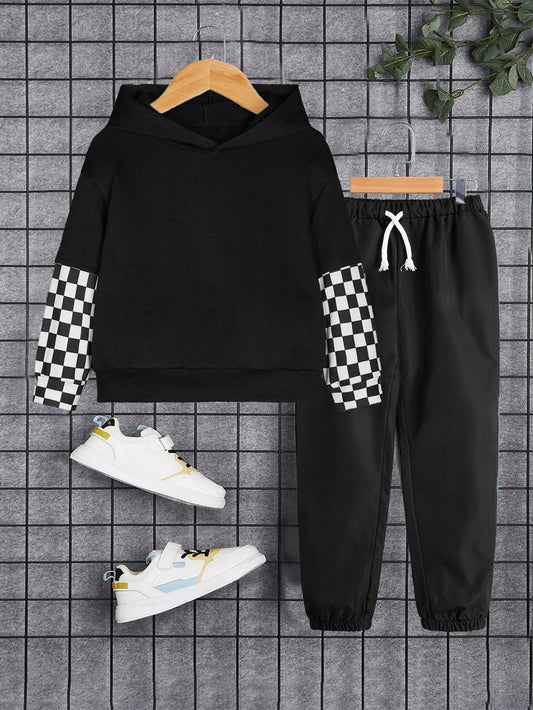 Kids' Black Hoodie & Checkered Sleeve Jogger Set Wholesale