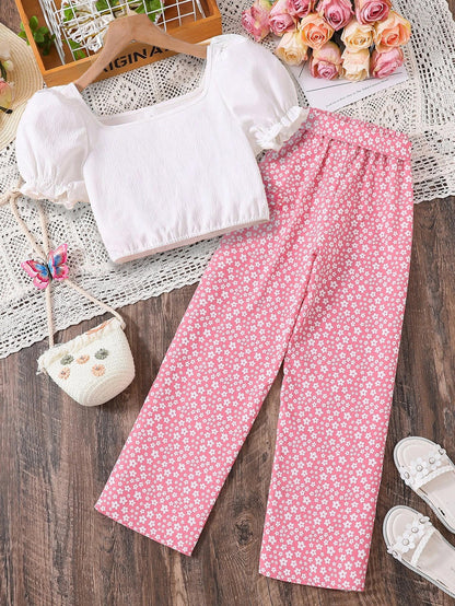 Girls' Puff Sleeve Crop Top and Pants Set Wholesale