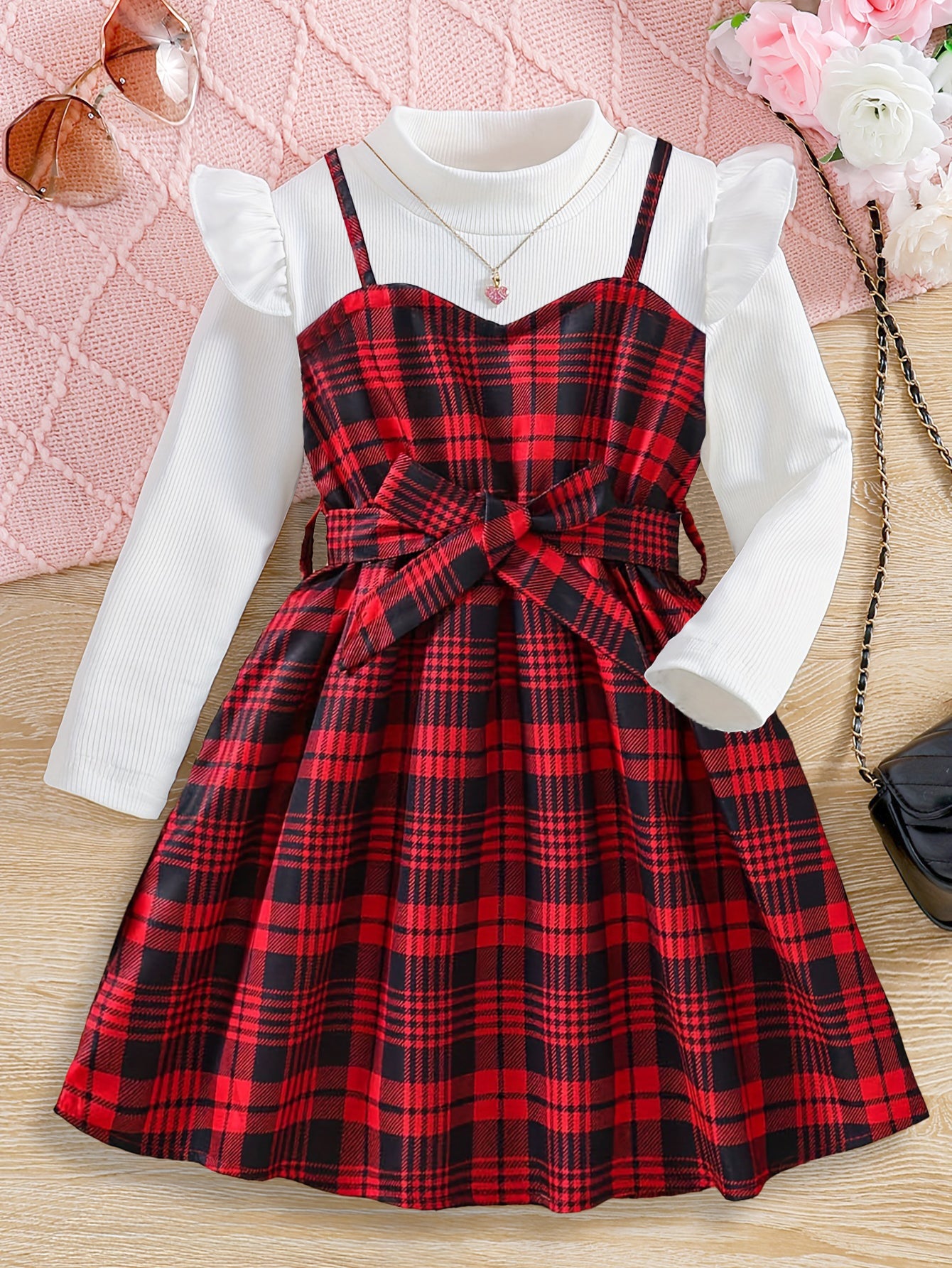 Adorable Red Plaid Pinafore Dress Set for Girls Wholesale