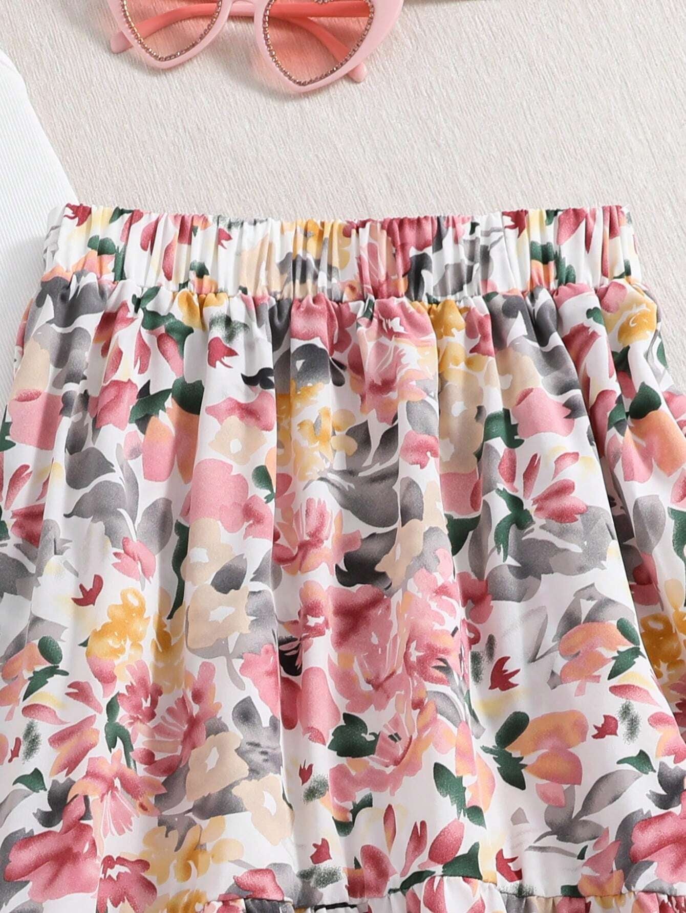 Girls' Floral Print A-Line Skirt & Sleeveless Top Set Wholesale