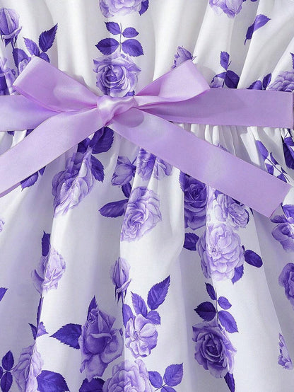 Girls' Floral Print Sleeveless Dress with Lavender Blazer Set Wholesale