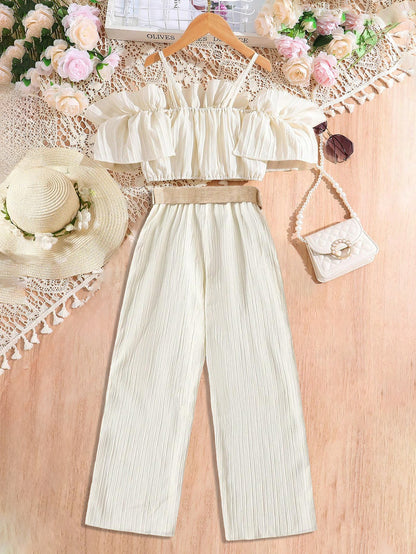 Chic Off-Shoulder Ruffle Top & Wide-Legged Pants Set Wholesale