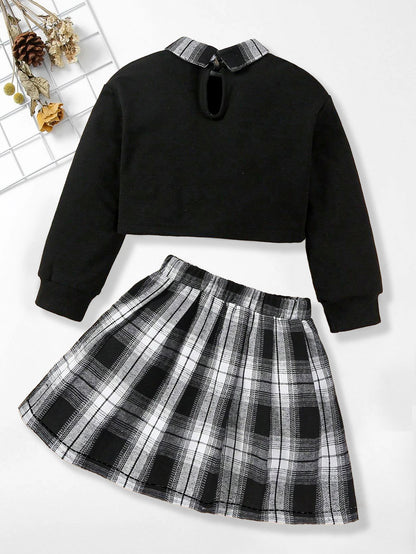 Girls' New York Plaid Collar Sweatshirt & Skirt Set Wholesale