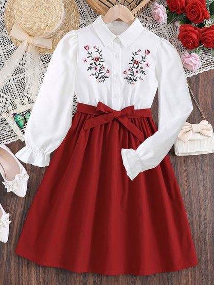 Girls' Embroidered Floral Shirt Dress with Bow-Tie Waist Wholesale