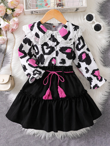 Girls' Leopard Print Top with Lace Collar and Black Skirt Wholesale