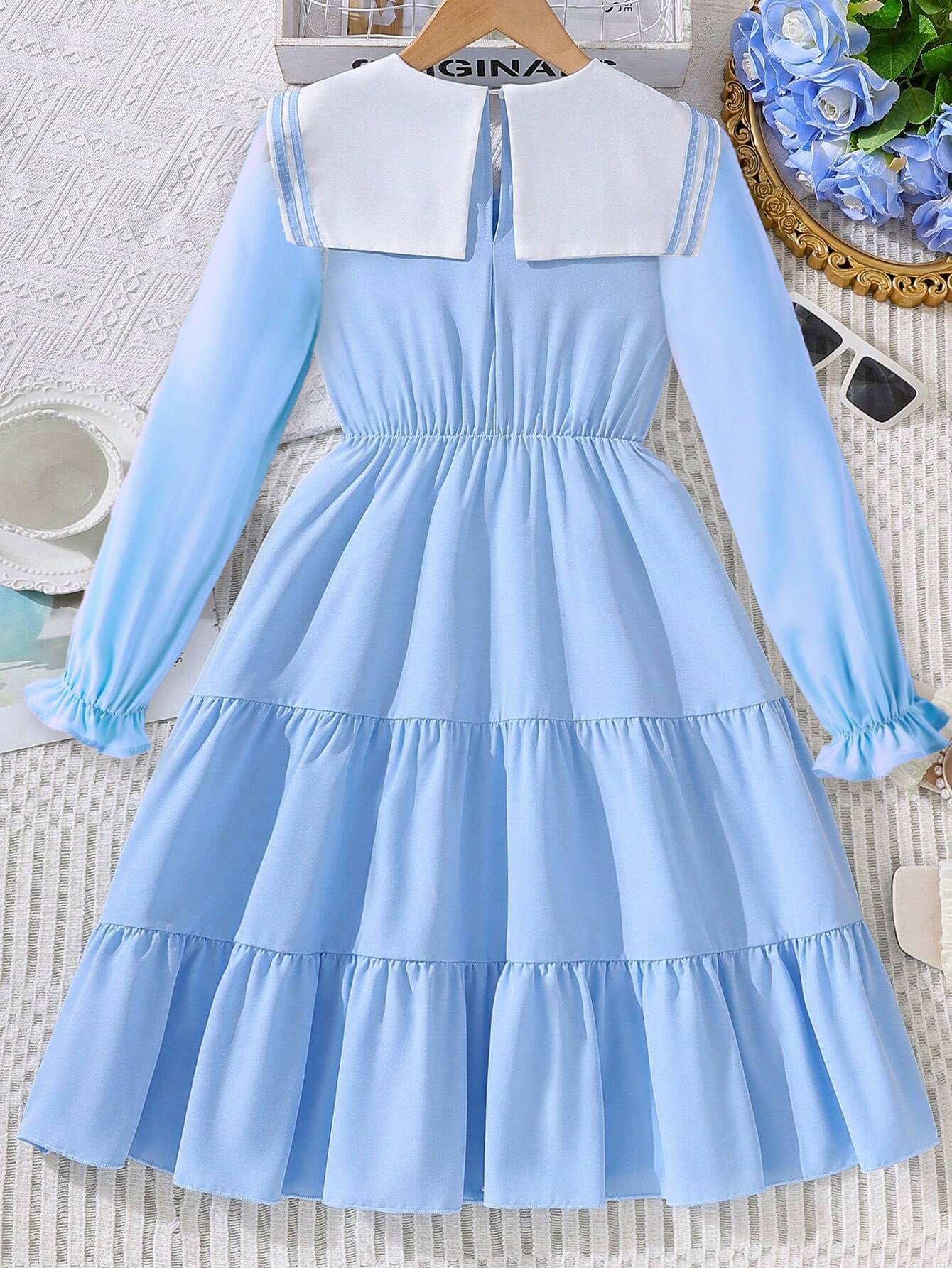 Elegant Girls' Light Blue Long-Sleeve Dress with Sailor Collar Wholesale