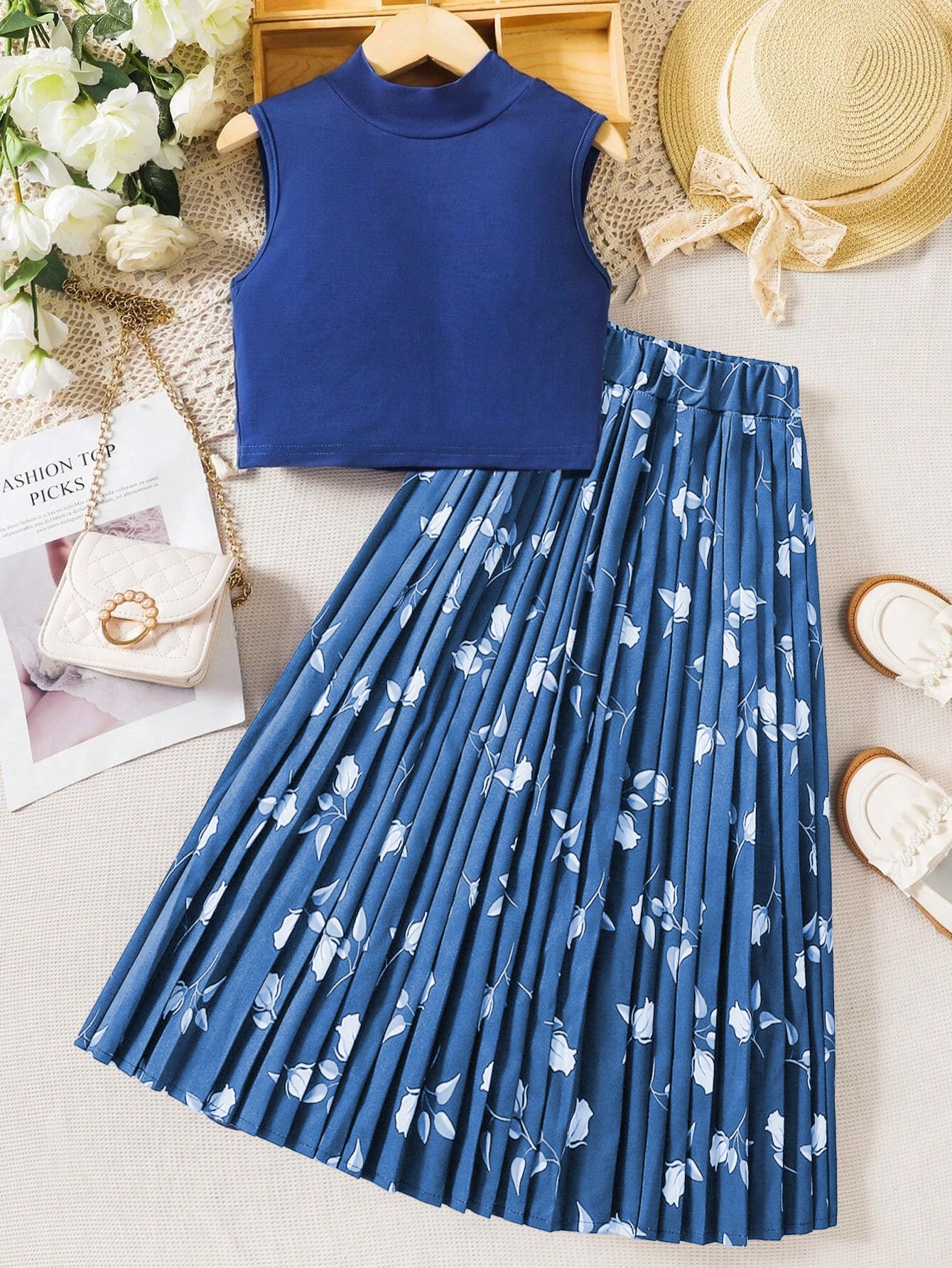 Girls' Sleeveless Mock Neck Crop Top & Floral Pleated Skirt Set Wholesale