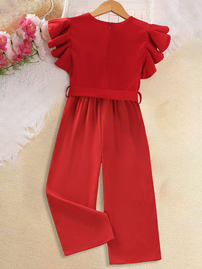 Girls' Ruffled Sleeve Red Jumpsuit with Waist Tie Wholesale