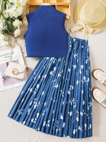 Girls' Sleeveless Mock Neck Crop Top & Floral Pleated Skirt Set Wholesale