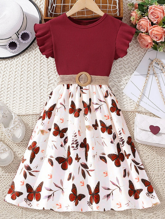 Girls' Burgundy Butterfly Print Dress Wholesale