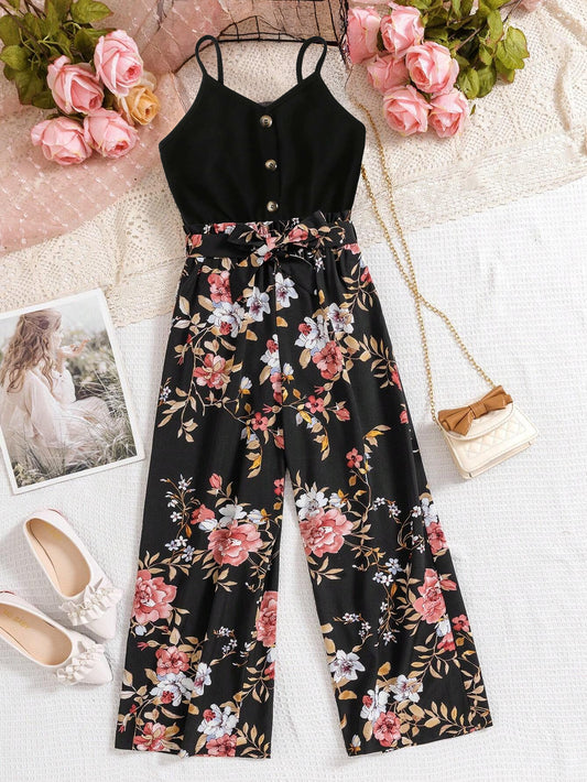 Girls' Floral Spaghetti Strap Top and Wide-Leg Pants Set Wholesale