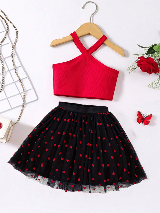 Girls' Red Halter Crop Top & Heart Tulle Skirt Set Wholesale