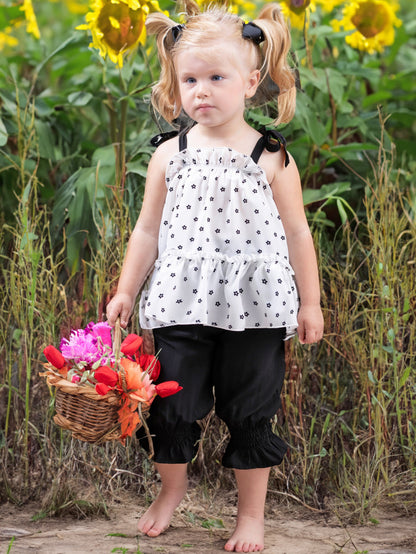 Girls' Floral Print Ruffle Top & Black Cropped Pants Set Wholesale