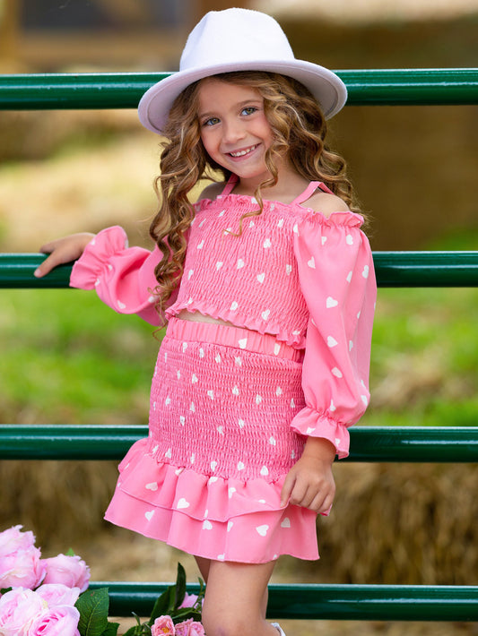 Cute Girls' Pink Heart-Print Ruffled Top and Skirt Set Wholesale