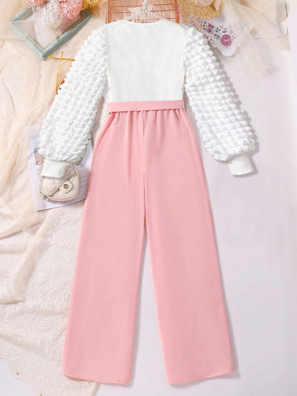 Girls' Textured Puff Sleeve Top & Wide-Leg Pants Set Wholesale