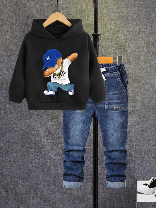 Cool Bear Dabbing Hoodie & Denim Jeans Set for Boys Wholesale