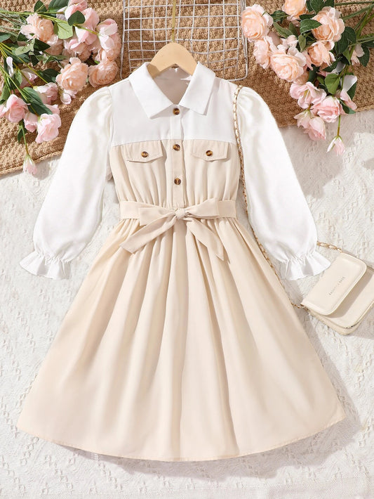 Girls' Button-Down Collared Dress with Belt Wholesale