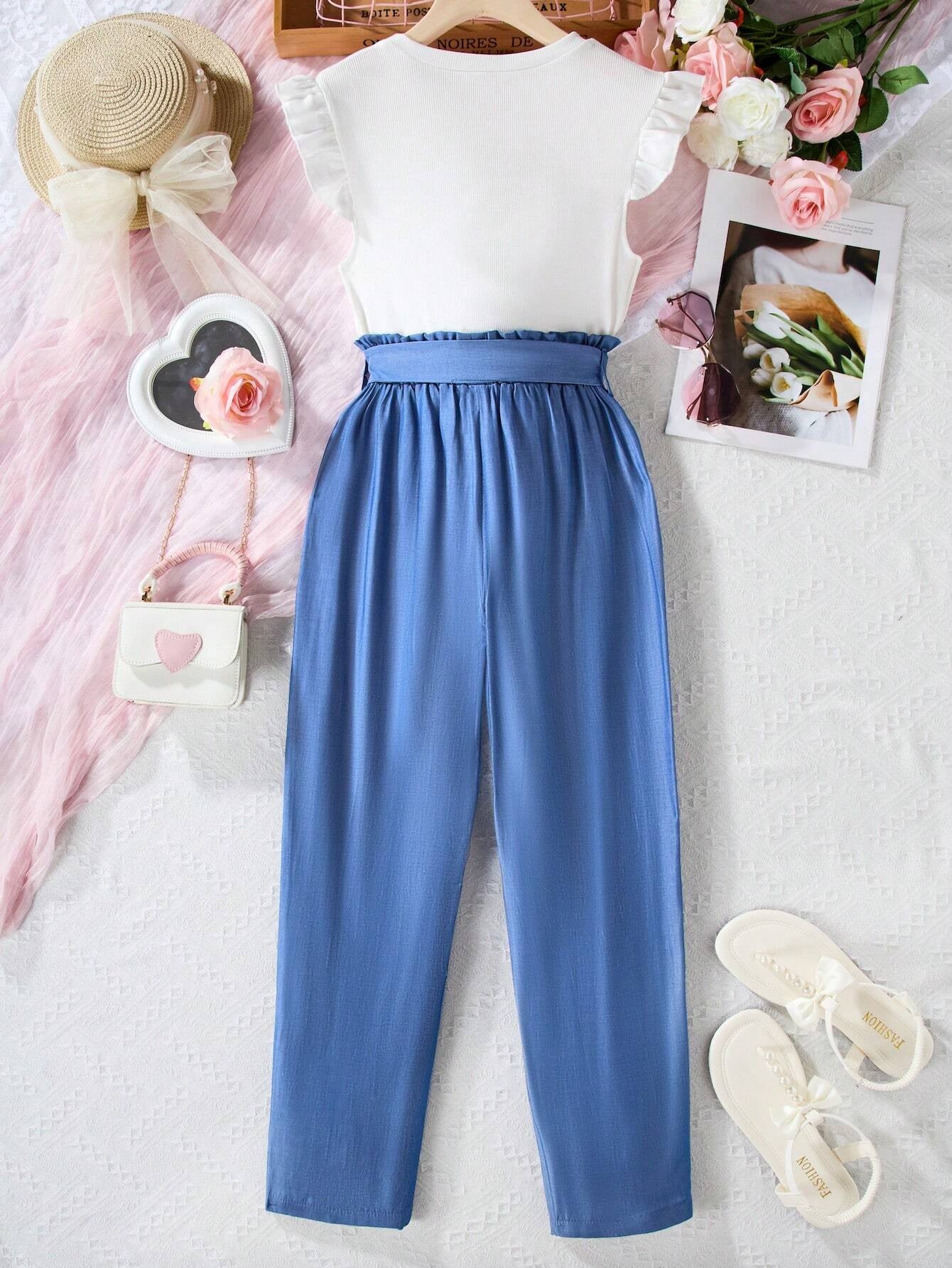 Girls' Cool Graphic Tee and Blue High-Waisted Pants Set Wholesale