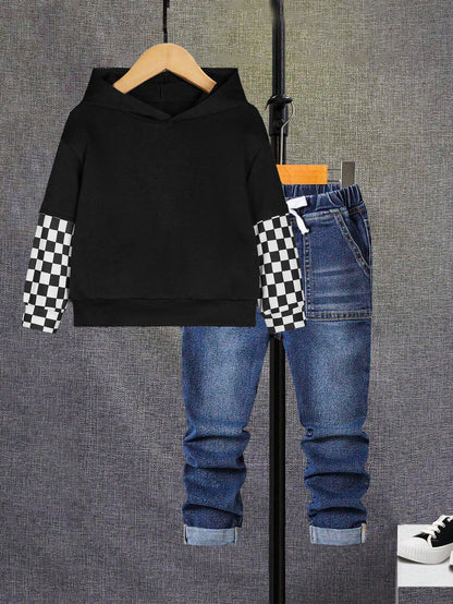 Boys' Checkered Sleeve Hoodie & Denim Jeans Set Wholesale