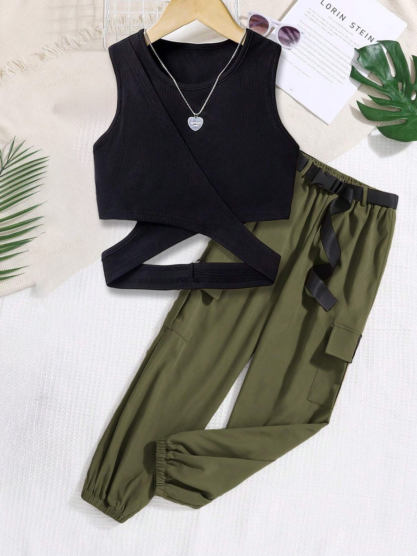 Girls' Black Wrap Crop Top & Green Cargo Pants Set Wholesale