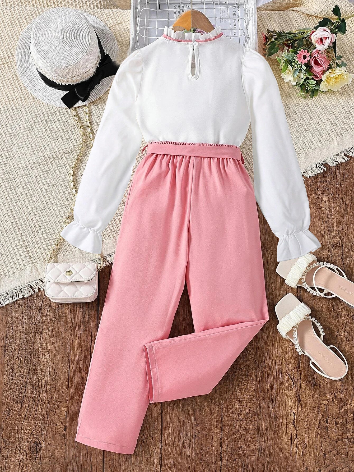 Elegant Girls' Ruffled Blouse & High-Waisted Pants Set Wholesale