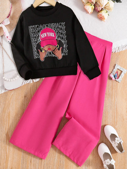 Girls' "New York" Graphic Sweatshirt & Pink Wide-Leg Pants Set Wholesale