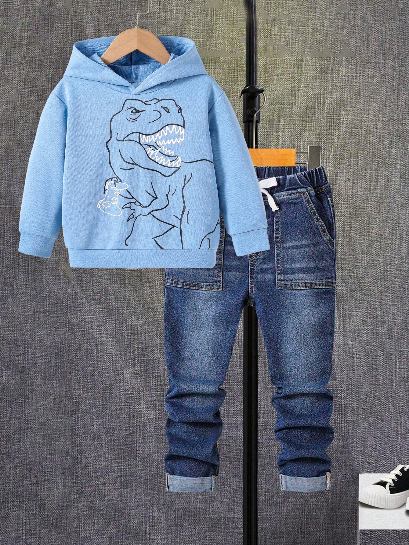 Blue Dinosaur Hoodie and Denim Jeans Set for Boys Wholesale