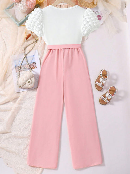 Girls' Puff Sleeve Top & High-Waisted Belted Pants Set Wholesale