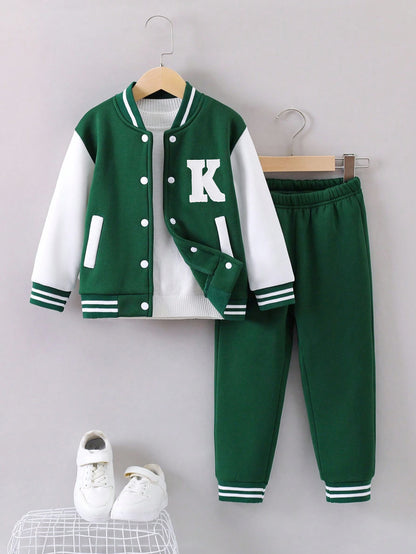 Kids Green and White Varsity Jacket Set with Letter 'K Wholesale