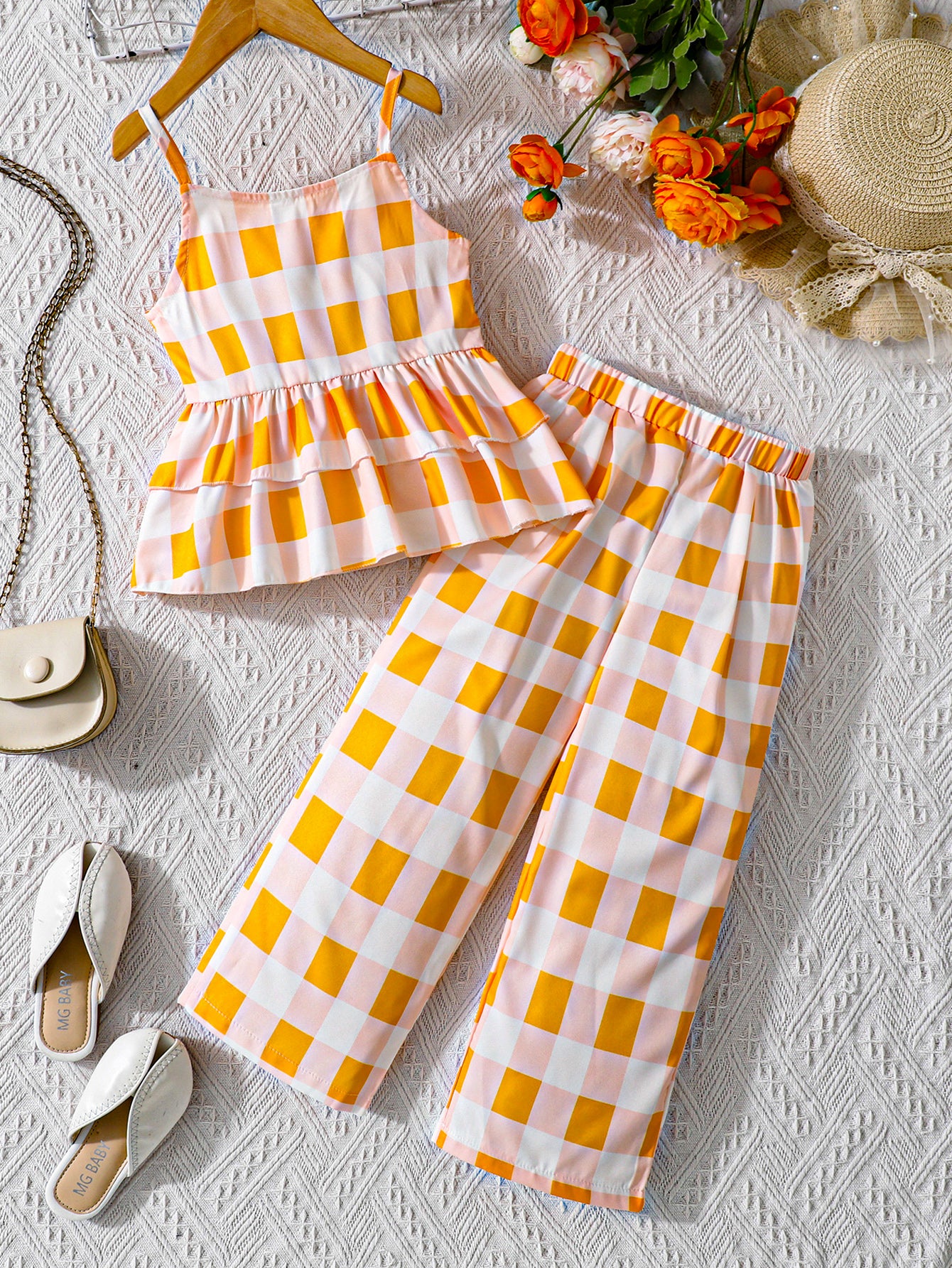 Girls' Gingham Peplum Top & Wide-Leg Pants Set Wholesale